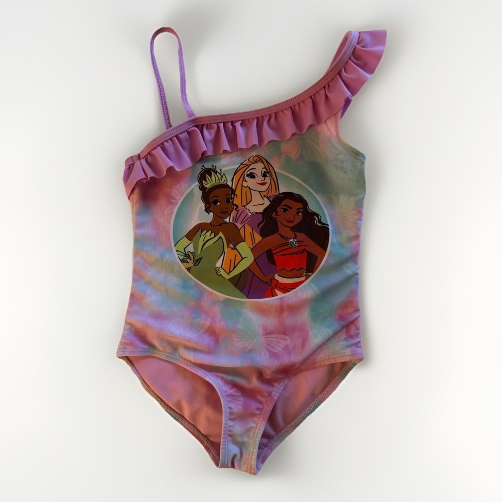 Disney Princess Tiana Rapunzel Moana Girls One Piece Swimsuit 4/5 Tie Dye Ruffle